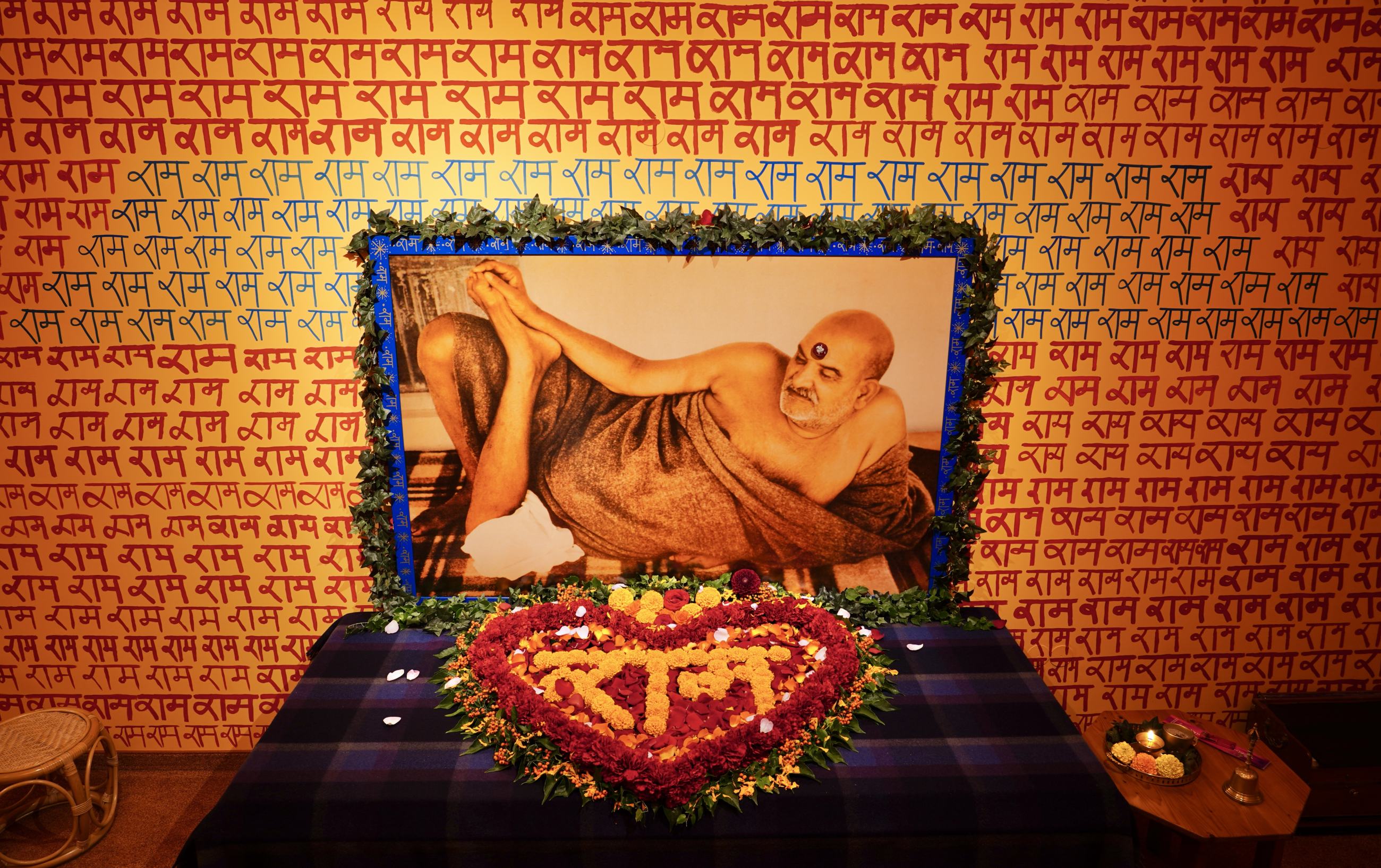 Maharajji's thakat in the Baba Kutir festively decorated